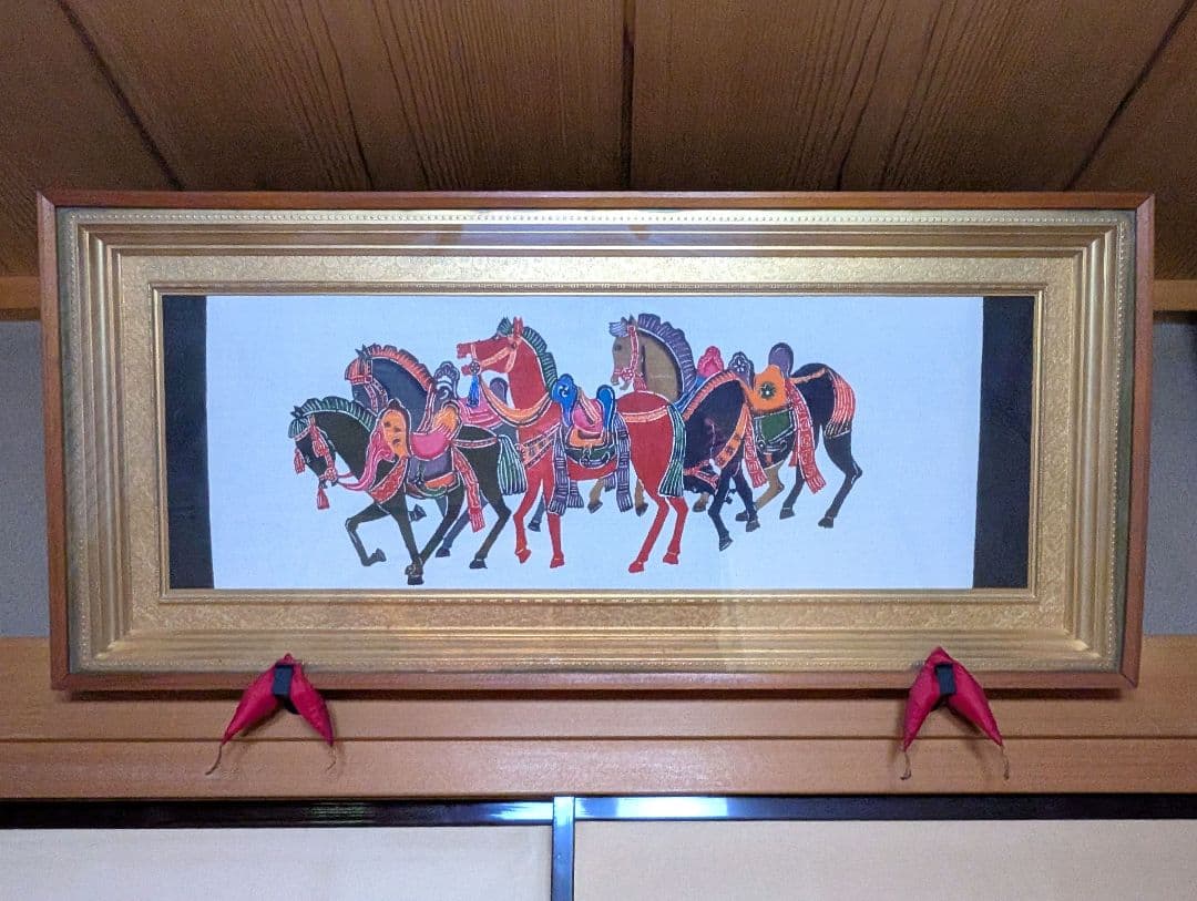 沖縄伝統　琉球紅型　馬4頭　染物