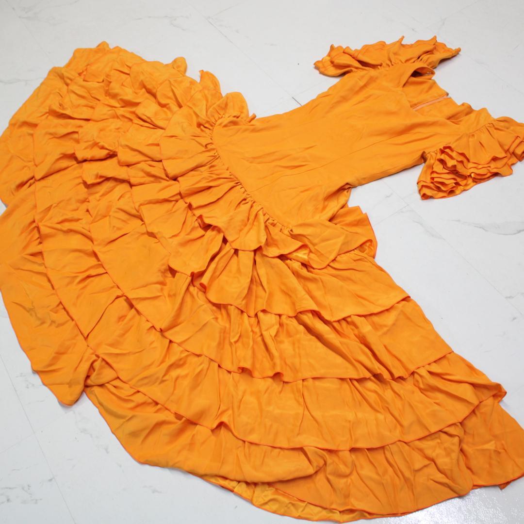 【美品 フラメンコ衣装】オレンジ ワンピース ドレス ボランテ フリル 段々