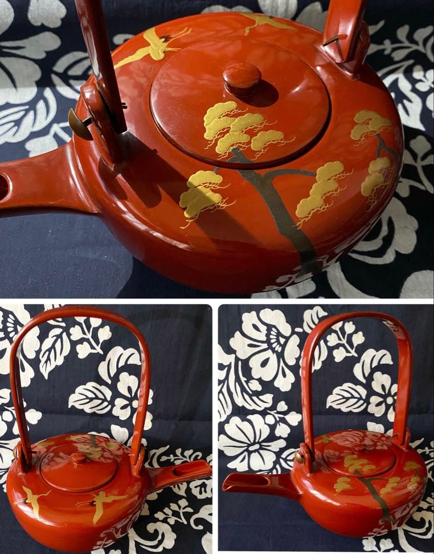 時代物　屠蘇器・重箱セット　木製漆器　朱塗り金蒔絵　鶴に松　縁起柄　長寿　木箱入