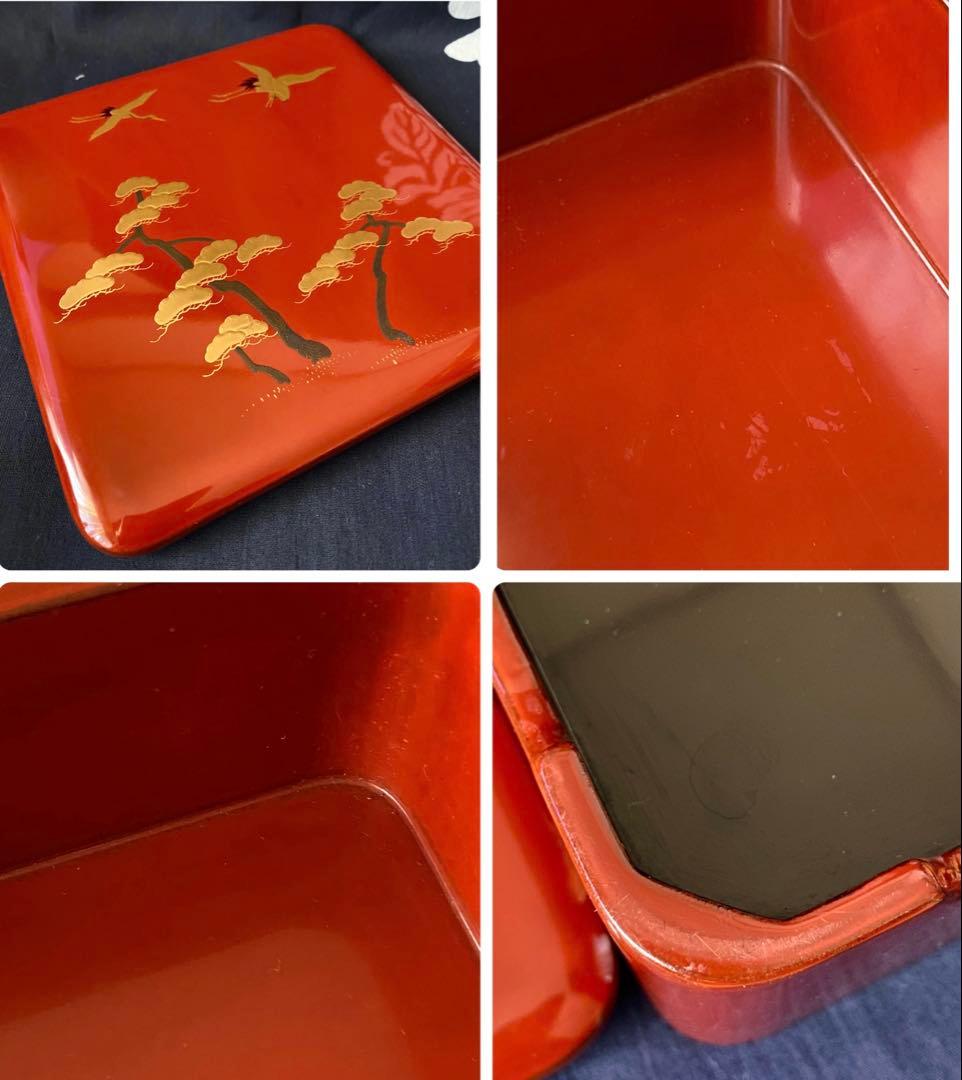 時代物　屠蘇器・重箱セット　木製漆器　朱塗り金蒔絵　鶴に松　縁起柄　長寿　木箱入