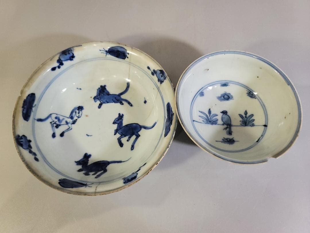 中国 古染付 水鳥 碗 馬絵 皿 二件 古美術 DT249