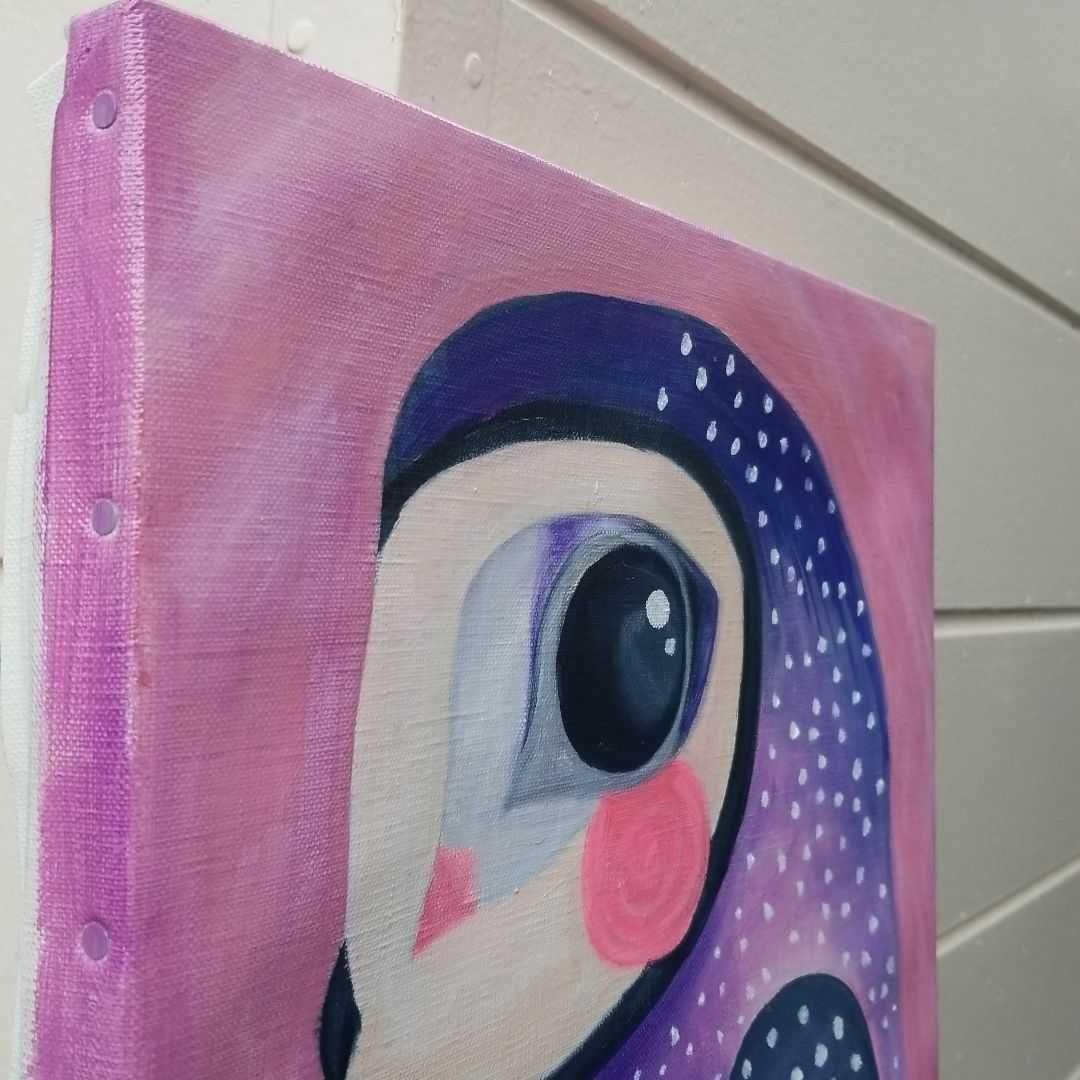 キャンバス油絵　シー　横顔もかわいい福を呼ぶふくろう　おもしろ現代アート風