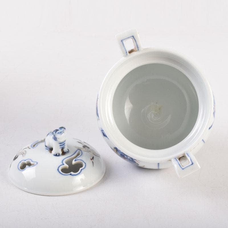 陶芸家　森野嘉光作　染錦　七福神図　双耳香炉　共箱　V　8506