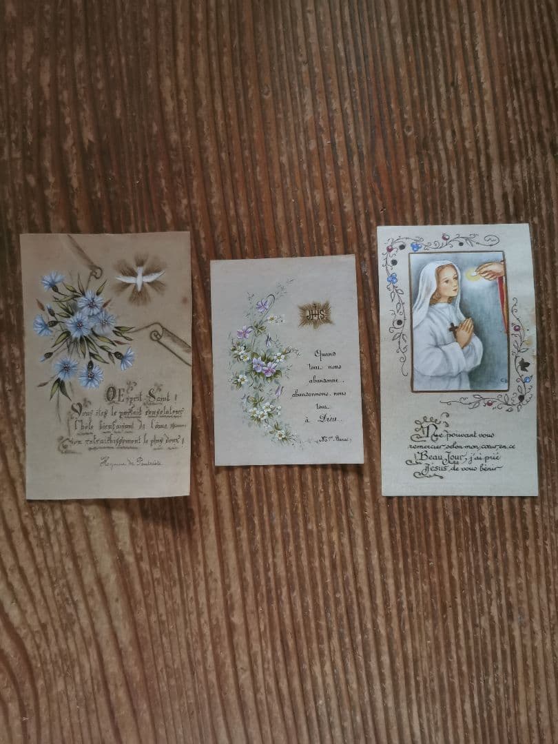 アンティーク 手描ホーリーカード フランス ベルギー 矢車草 初聖体式 菫と菊