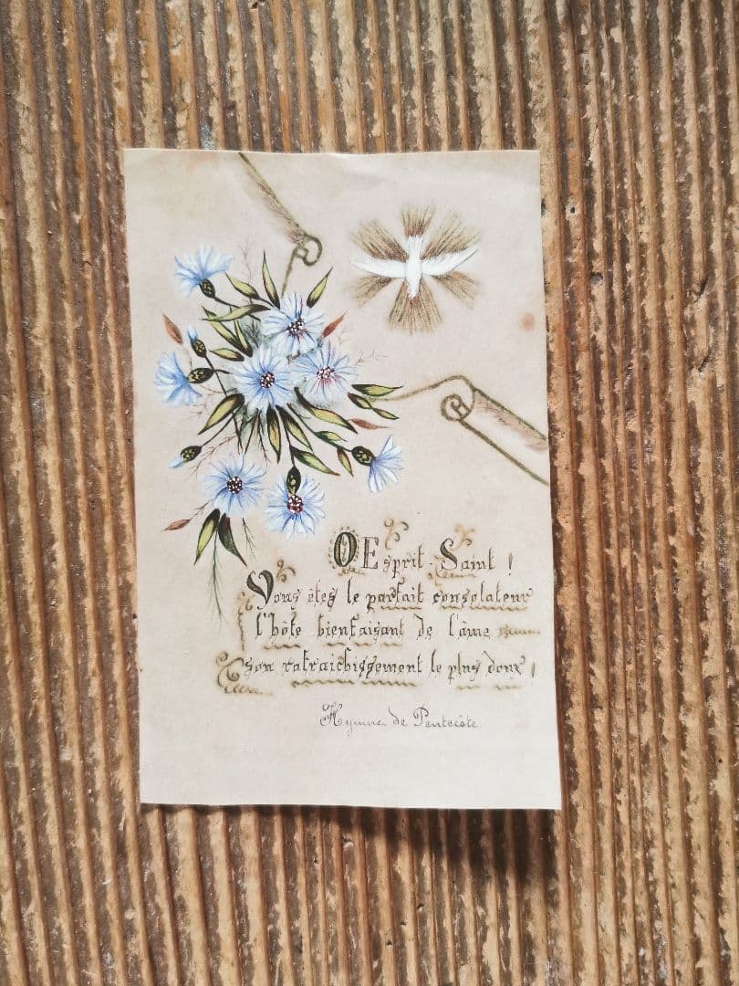 アンティーク 手描ホーリーカード フランス ベルギー 矢車草 初聖体式 菫と菊