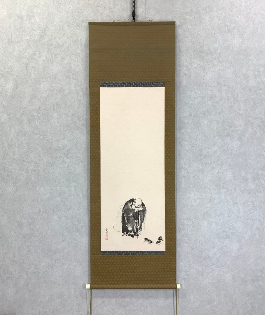 掛軸 宮本武蔵 布袋観闘鶏図 木箱 工芸 印刷 4-9