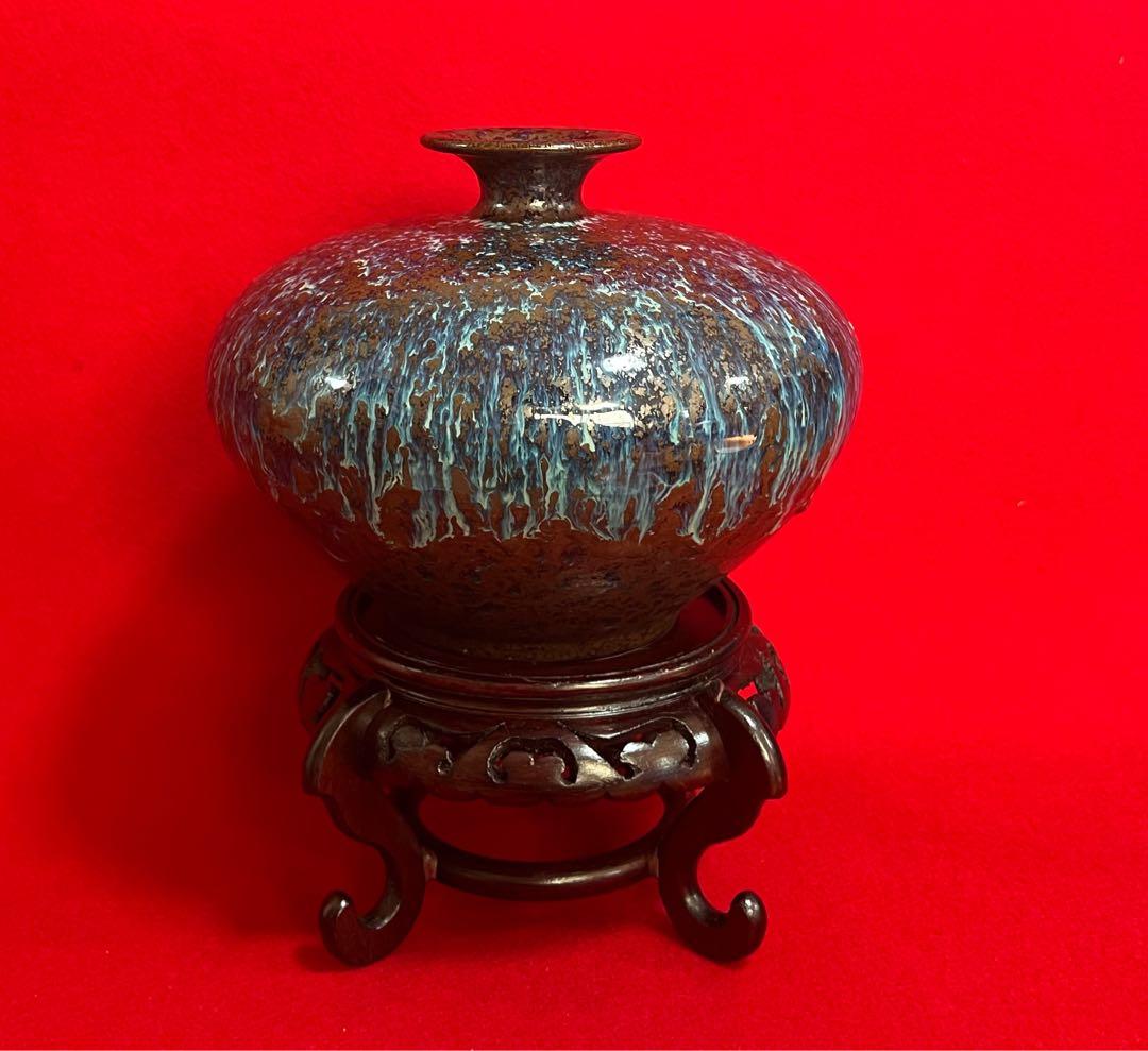 台灣 漢聲窯 林三江 丁丑年作 飾壺 花器 花入 陶器 台座付き