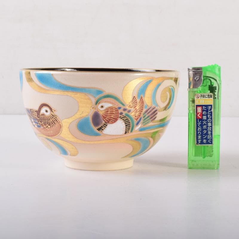 空色　茶道具　京焼橋本紫雲作　色絵金彩　鳥文　茶碗　共布共箱　C　7426