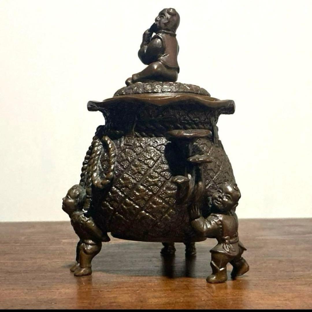 戦前 アンティーク 唐子三足香炉 裏印有り 唐子脚宝袋形香炉