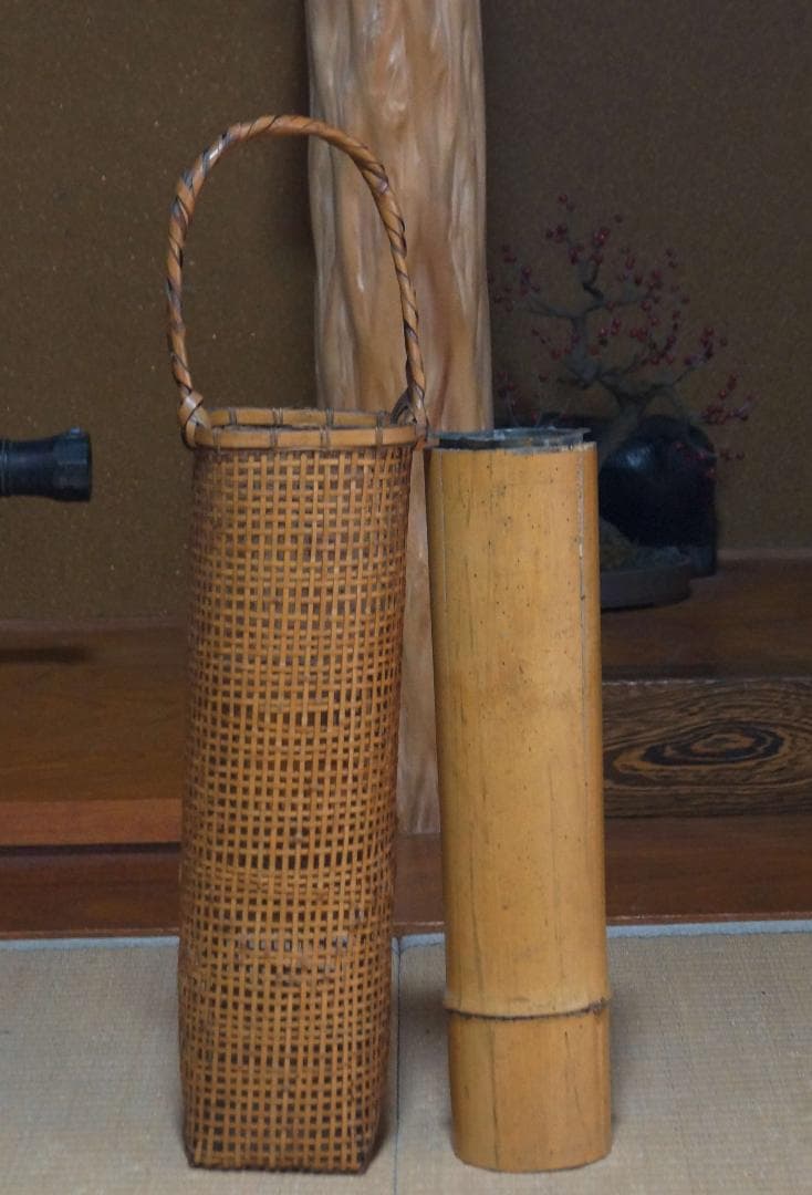 大正期大型竹編網代細工花籠 花器 花入花生 竹編提梁花籃 花篭高さ60cm