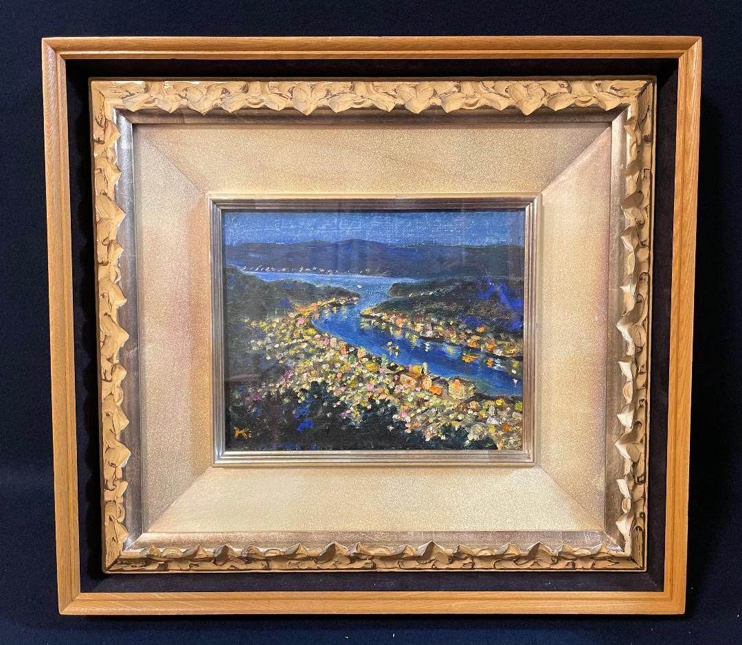 「真作」作者不明「尾道夜景」風景画　油彩画　額装　サイン有り　F3号
