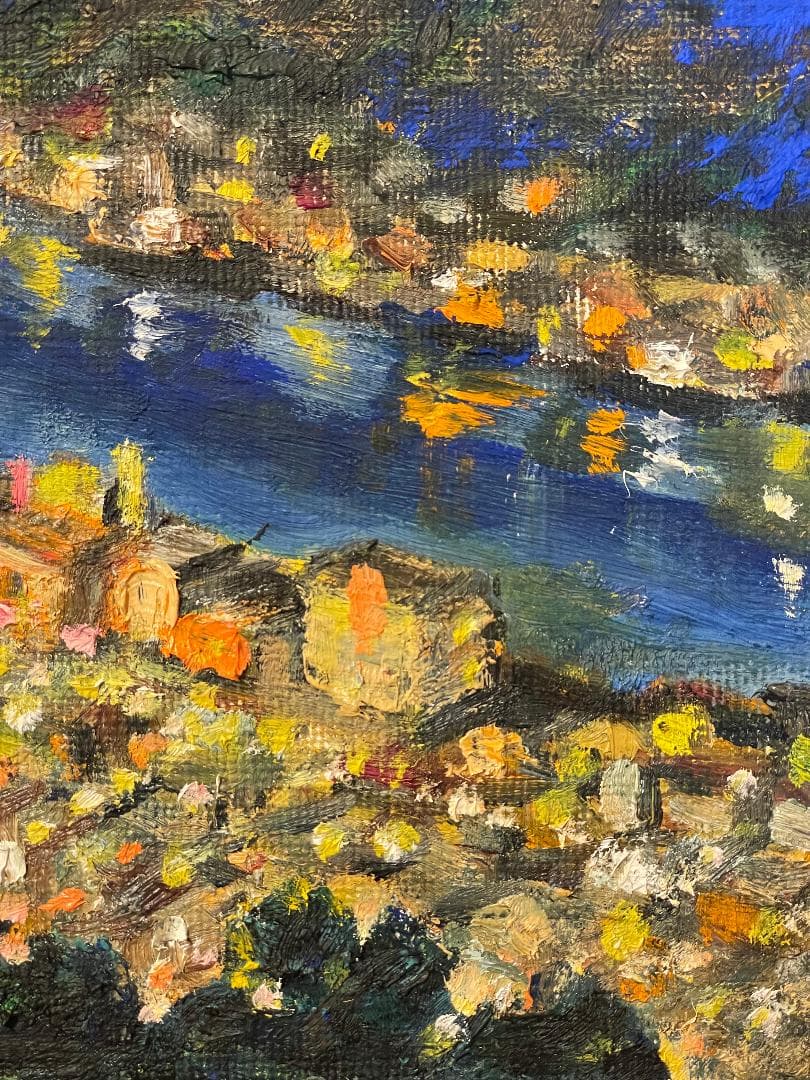 「真作」作者不明「尾道夜景」風景画　油彩画　額装　サイン有り　F3号