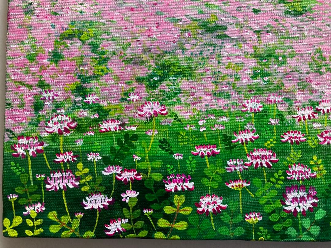 ご依頼品　花の絵　風景画　アクリル画　原画 　「レンゲ畑3」F6