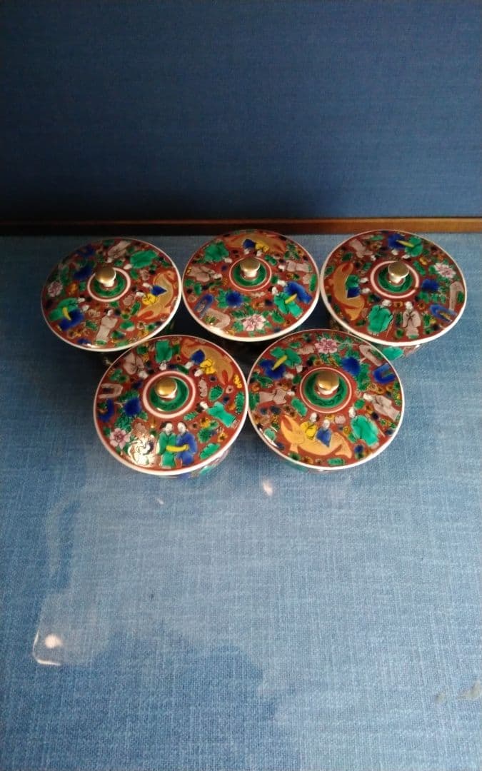 九谷焼　蓋茶碗5客　上出長右ェ門窯