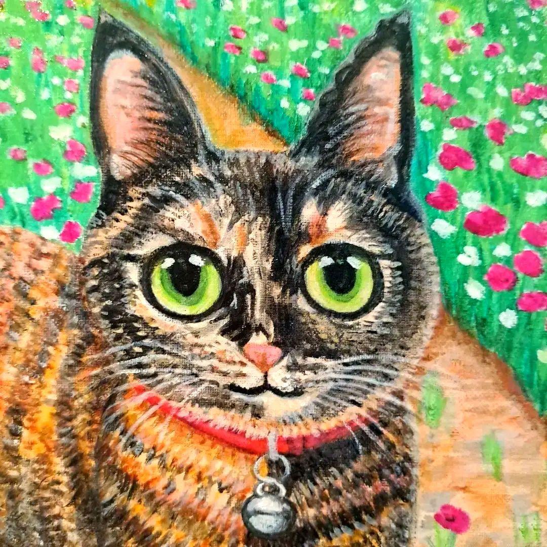 キャンバス油絵　専用　サビ猫ジジちゃんのわくわく散歩♪♪