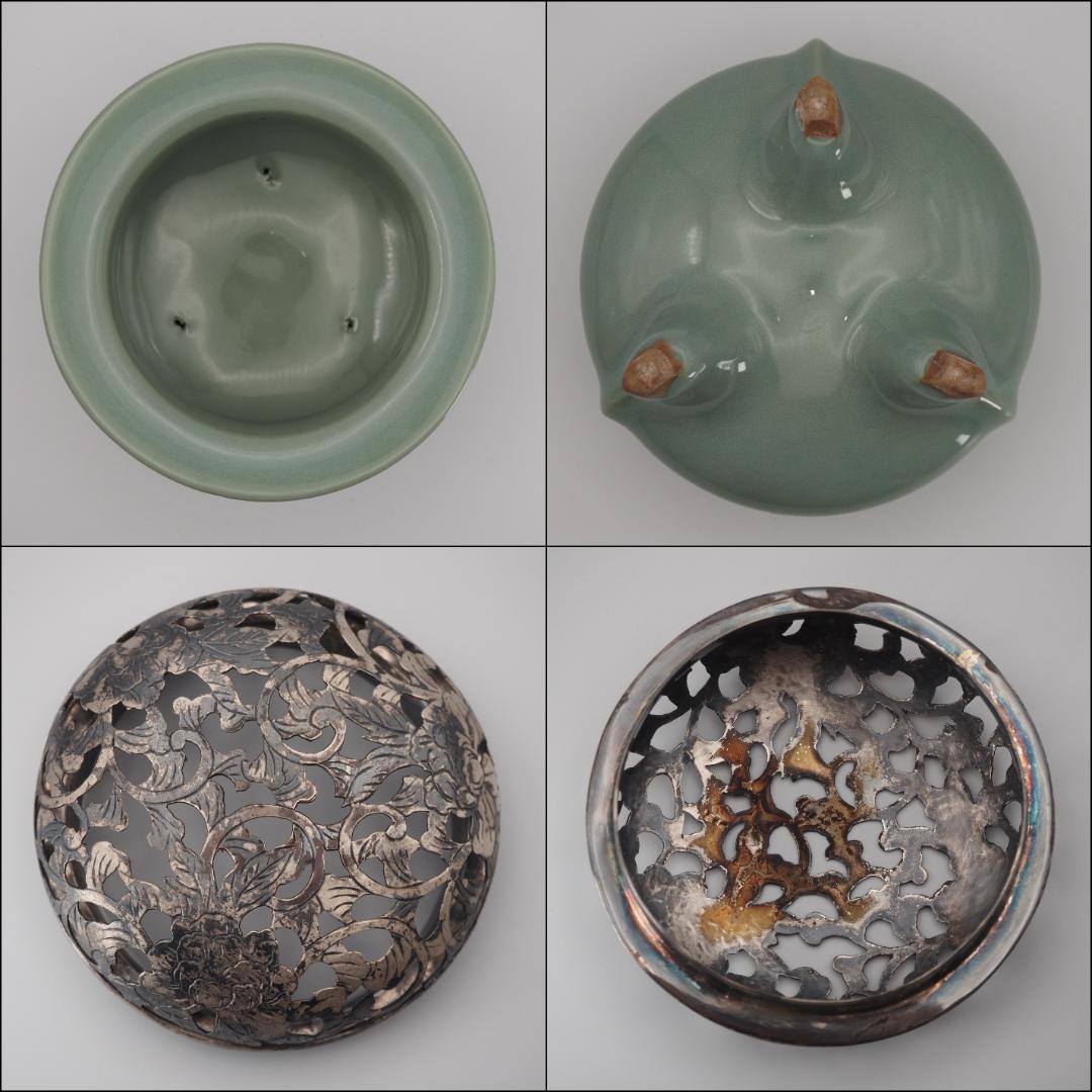 二代諏訪蘇山 青磁 袴腰香炉 純銀透彫火舎 共箱