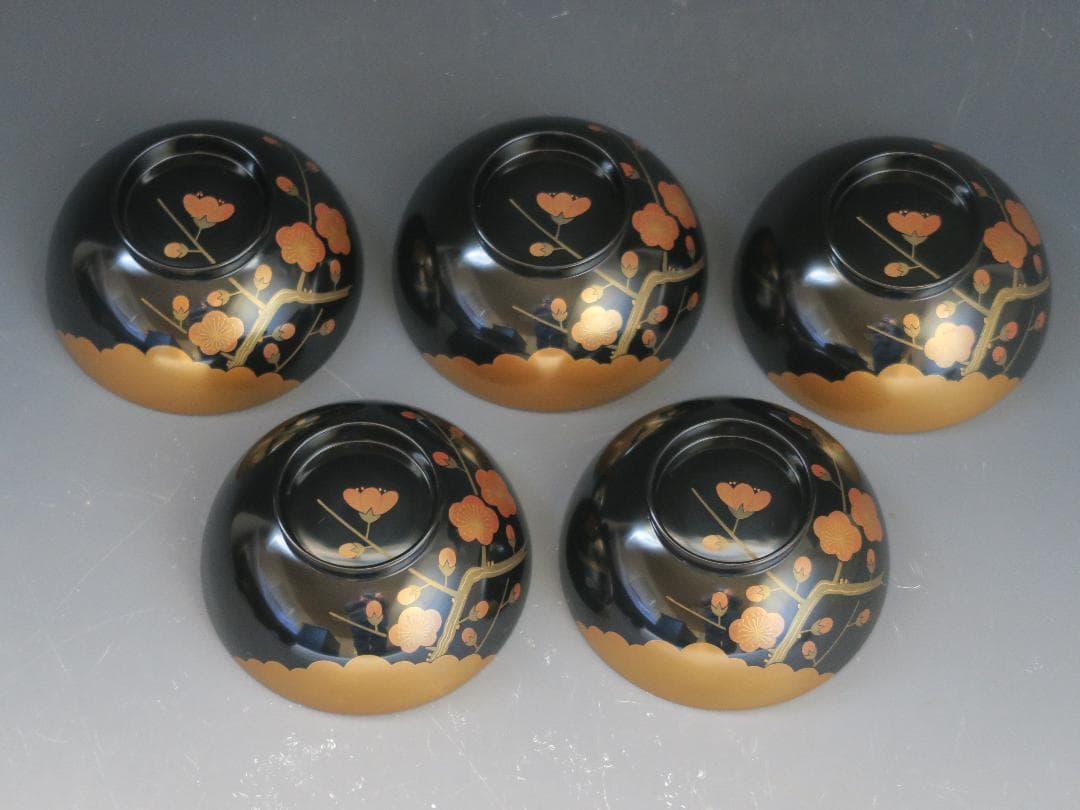 【輪島塗】雲松竹梅蒔絵 吸物椀 黒塗 五客揃 布着請負 天然木 共箱 美術漆器