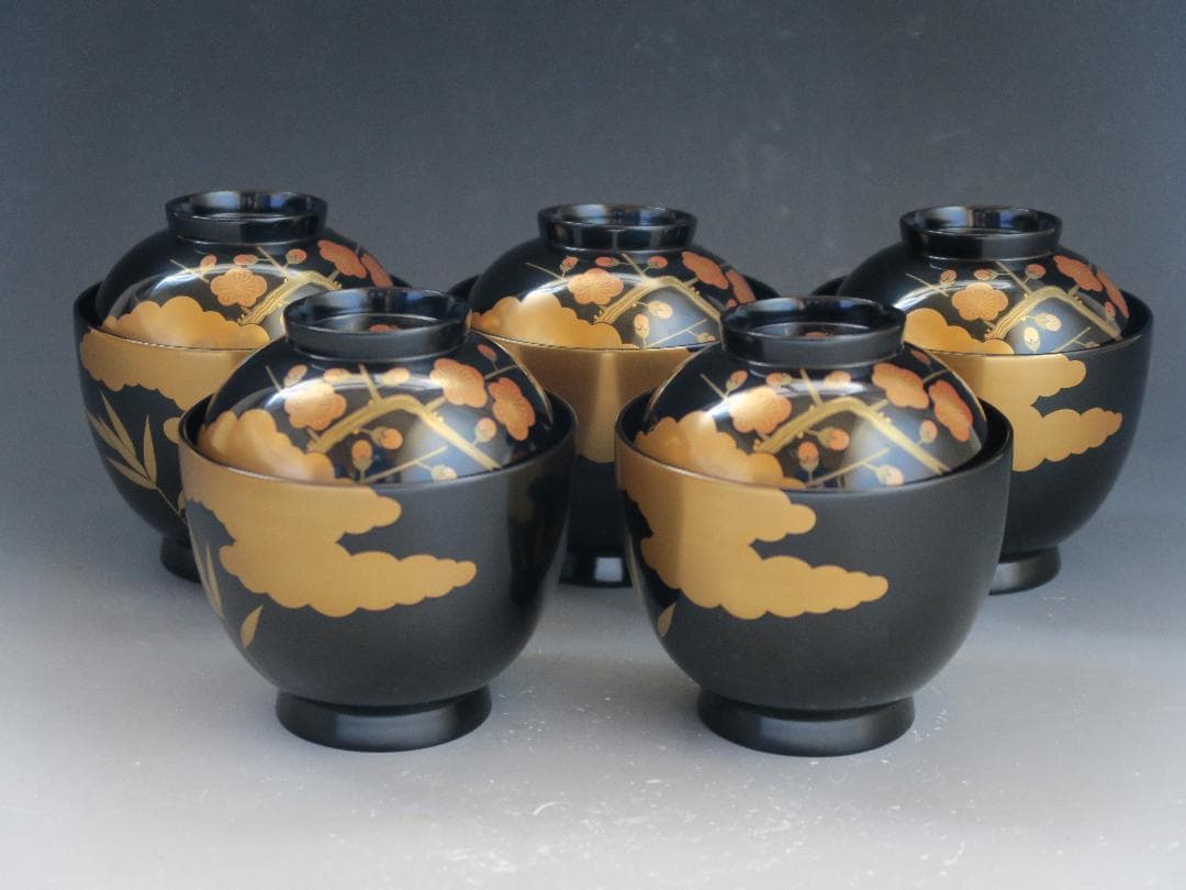 【輪島塗】雲松竹梅蒔絵 吸物椀 黒塗 五客揃 布着請負 天然木 共箱 美術漆器