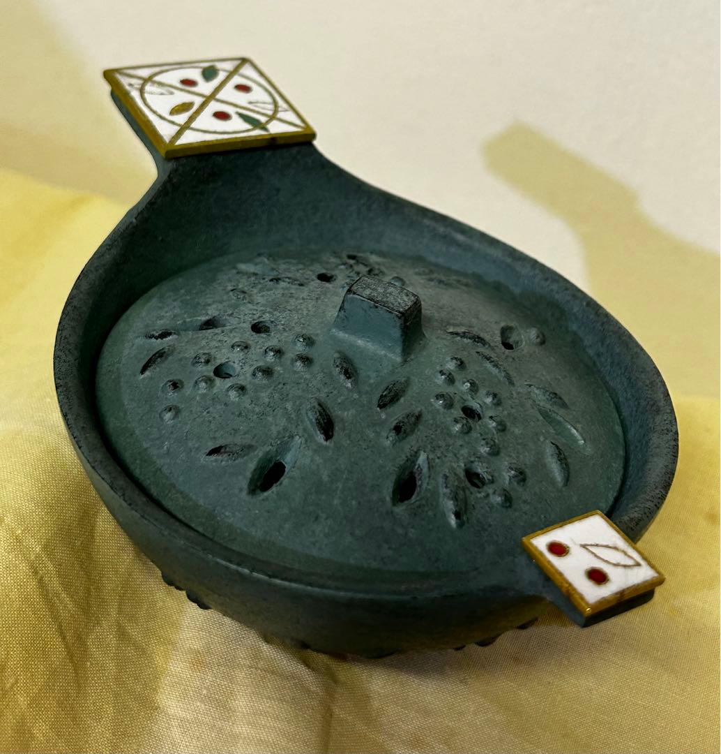 1989年製 石黒 鏘ニ 作 青銅製 手付 香炉「南天」