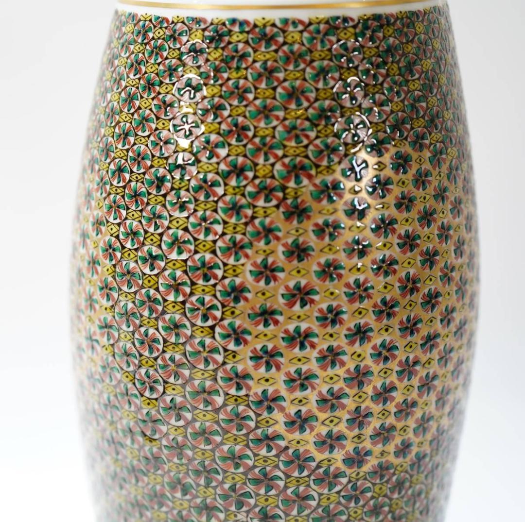 NA3410 九谷焼 北出塔次郎作 錦繍手更紗図 花生 高さ28.5㎝ 2重共箱