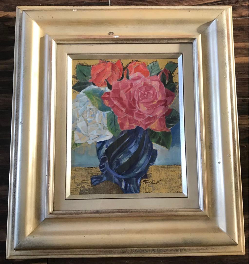 上河辺みち 油彩「ばら」 額装 共シール 1978年 油絵 油画 D