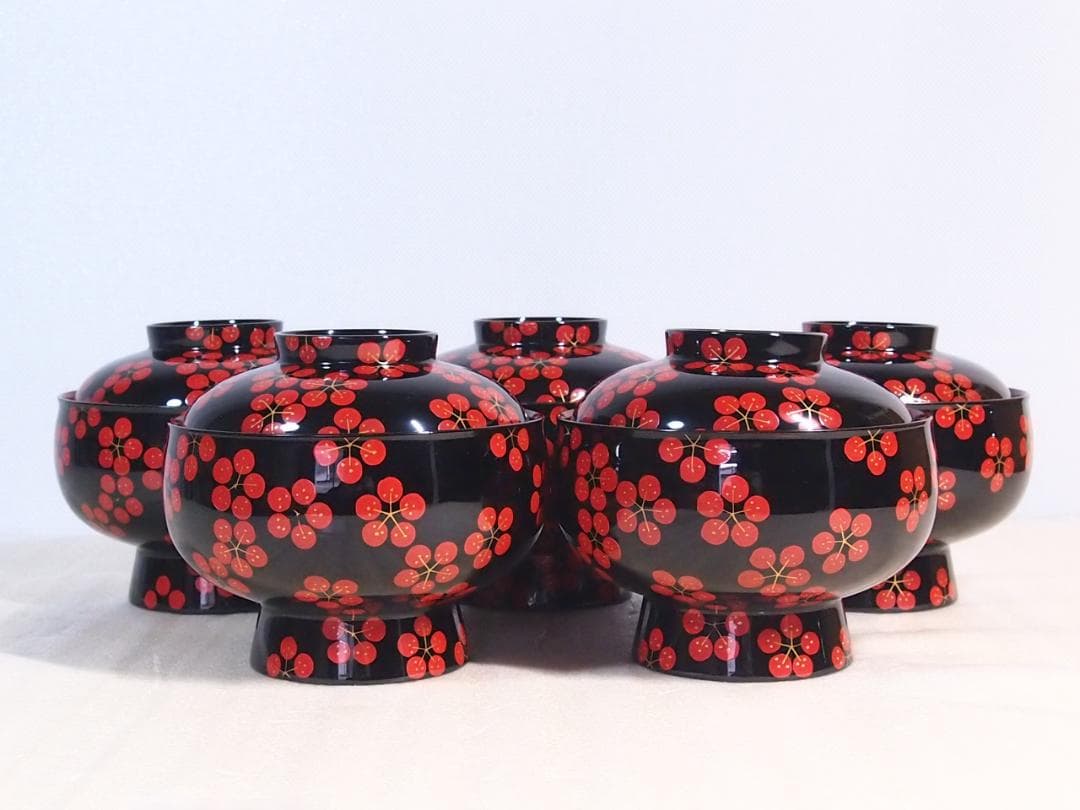 【美品】輪島塗 五島屋謹製 梅蒔絵 煮物椀5客 雑煮椀/大椀 梅づくし 漆器食器