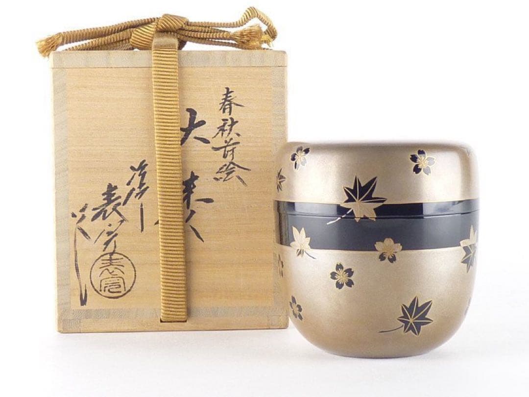 塗師 川瀬表完「春秋蒔絵 大棗」共箱 高さ 木製 銀地 雲錦