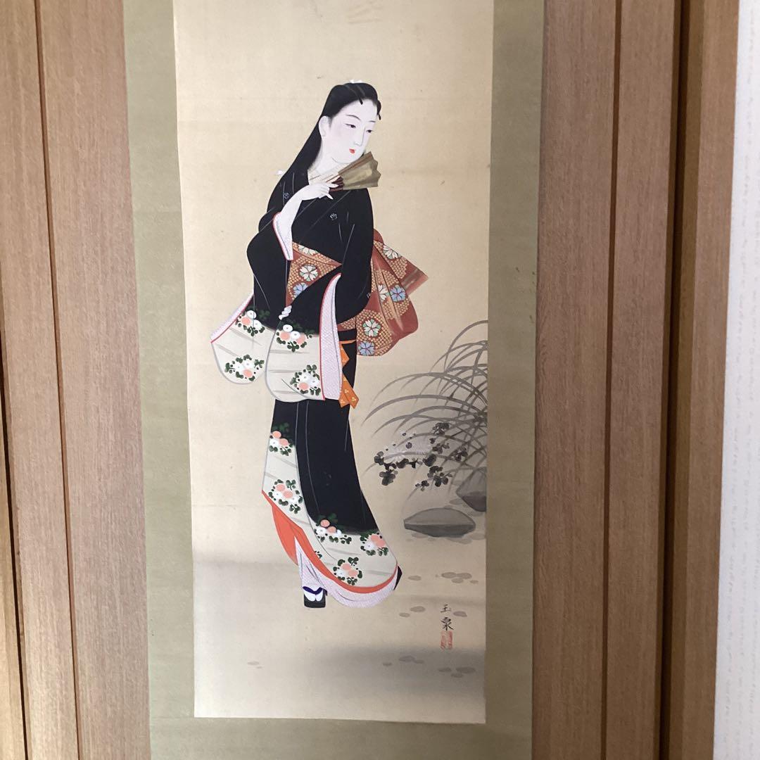 絹本着色画　【　月　下　美　人　之　図　】　玉泉筆　　桐箱　掛軸　一幅　297