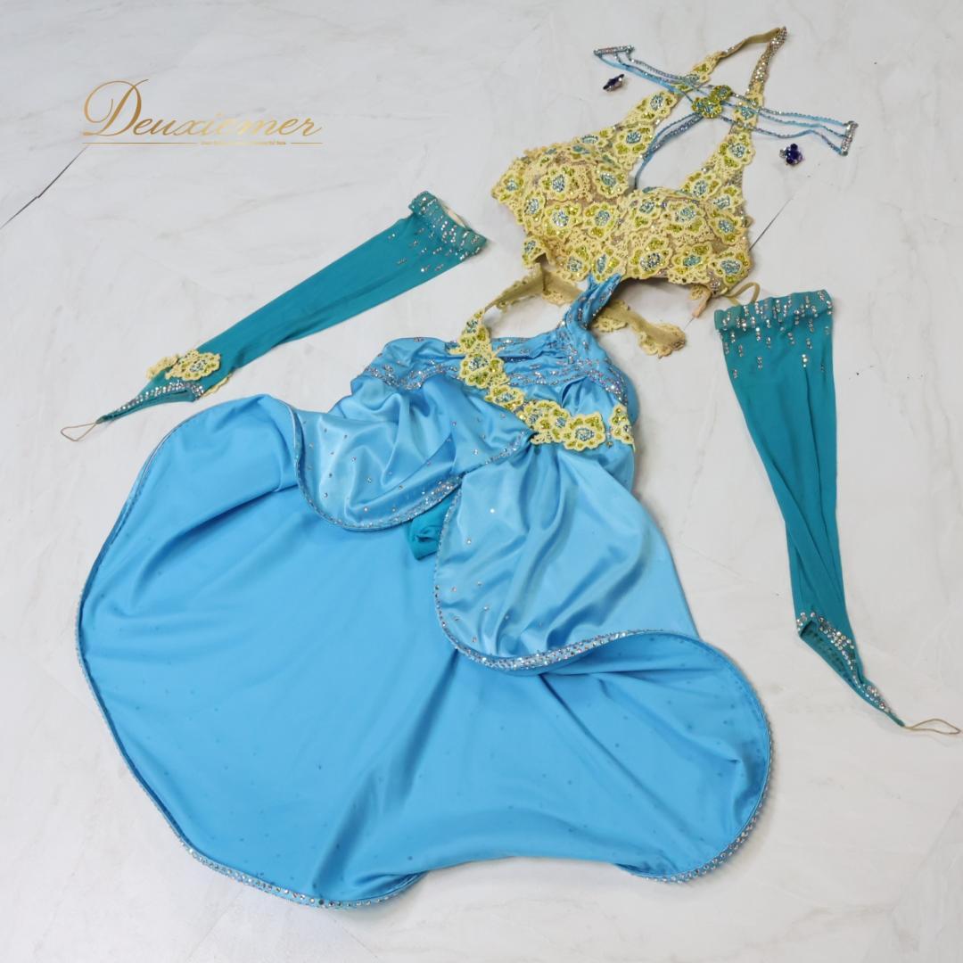 【社交ダンス衣装】ブルー ラテン ドレス ワンピース 水色 黄色 イエロー デモ