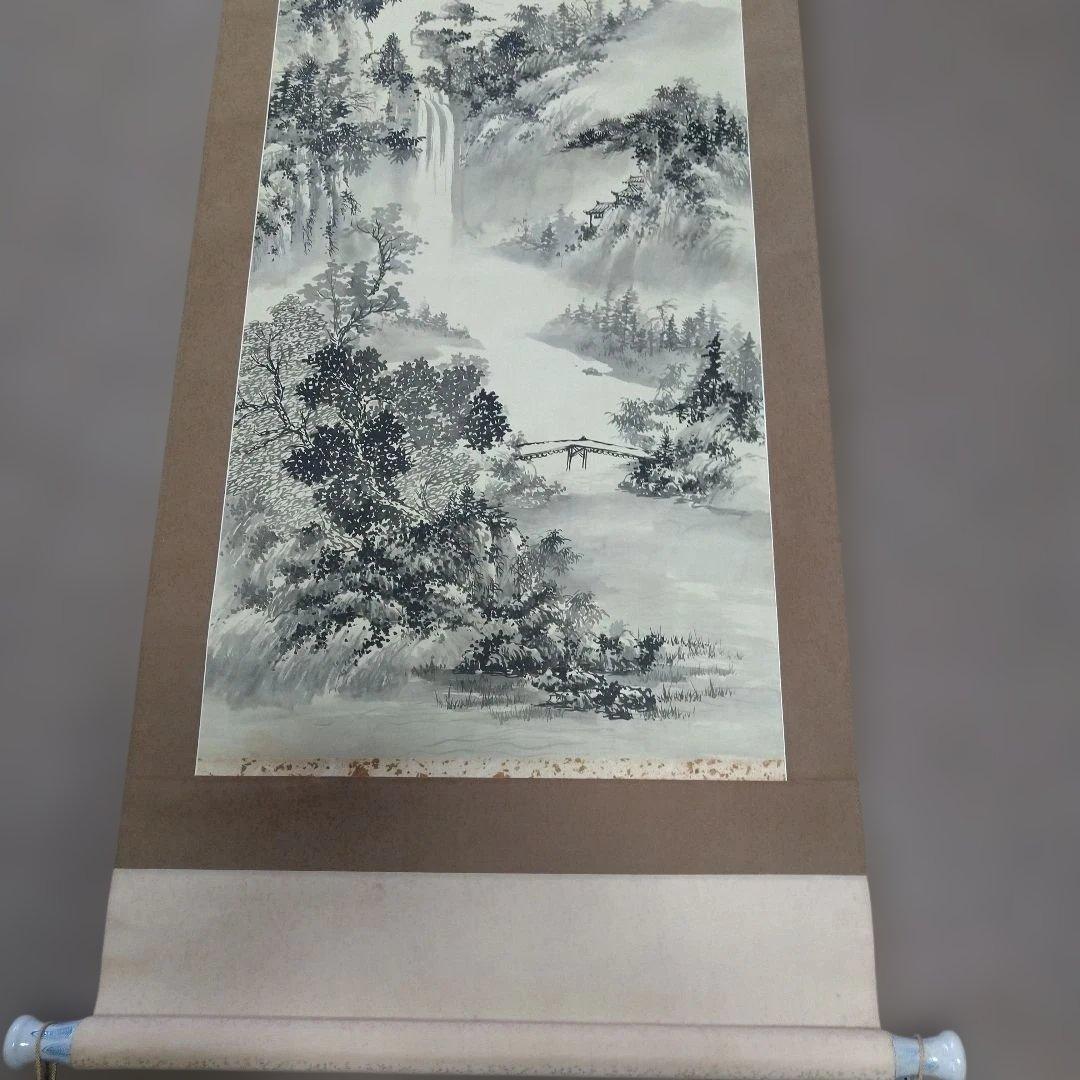 山深渓流 水墨画 掛軸 約180cm
