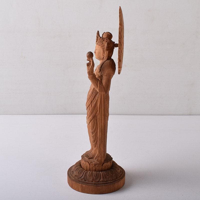 仏教美術　彫刻家　真海徳太郎作　木彫　観世音菩薩　仏像　置物　共箱　VR8302
