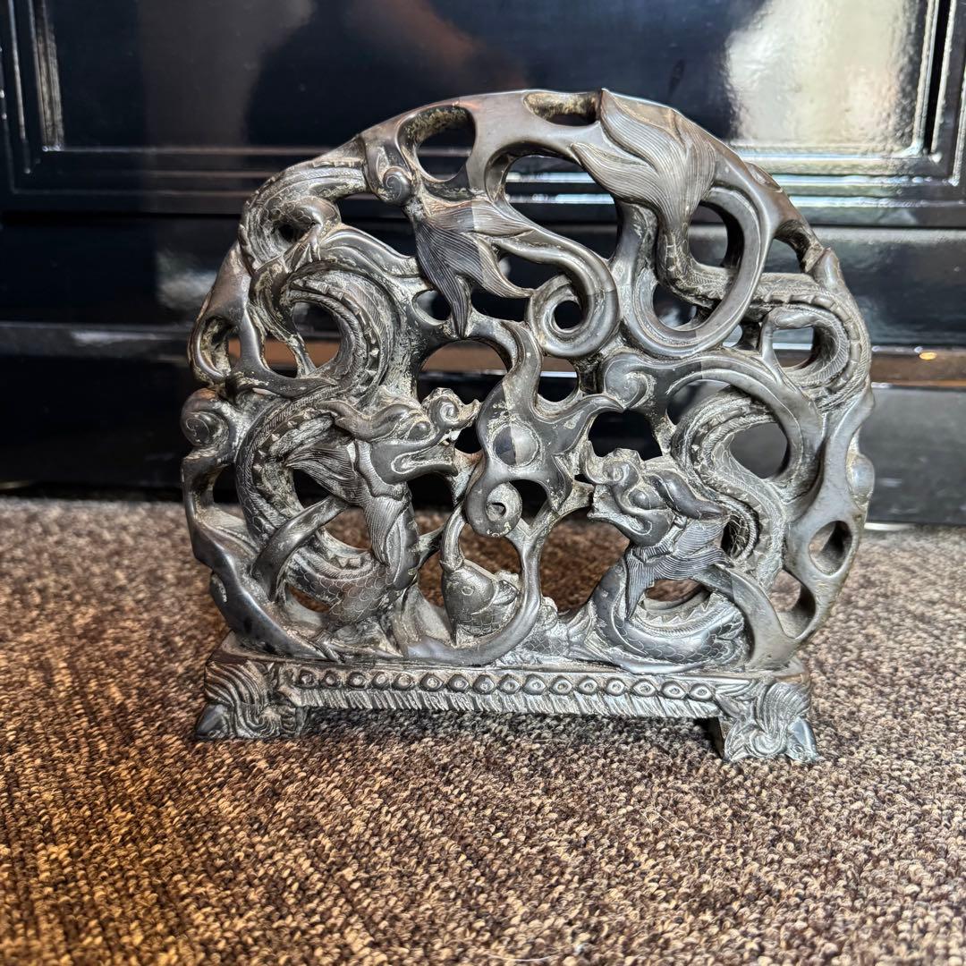 2頭の龍 石彫刻 透かし彫 アンティーク置物