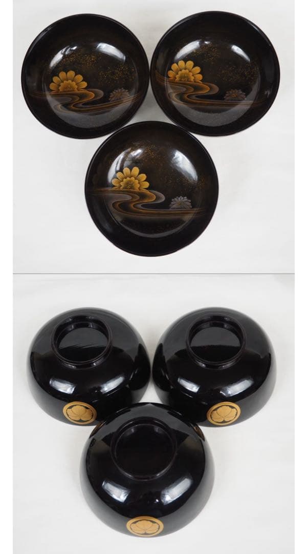 送料無料　江戸～明治日本橋老舗黒江屋　蔦家紋　本塗地散菊花金蒔絵吸物椀10客共箱