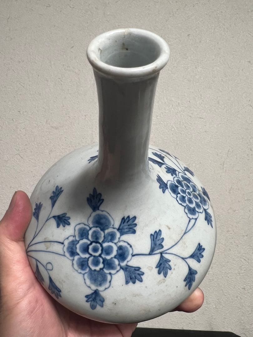 李朝 白磁 染付 分院 牡丹紋 朝鮮王朝 官窯 酒器 徳利 花入 骨董 古美術