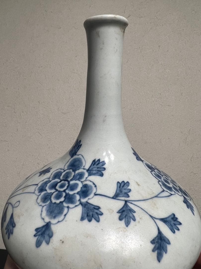 李朝 白磁 染付 分院 牡丹紋 朝鮮王朝 官窯 酒器 徳利 花入 骨董 古美術