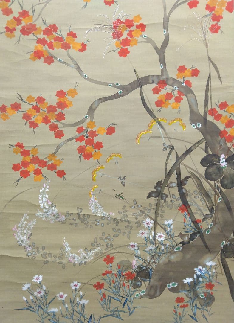 酒井抱一「紅葉と秋虫」絹本　大幅　掛軸