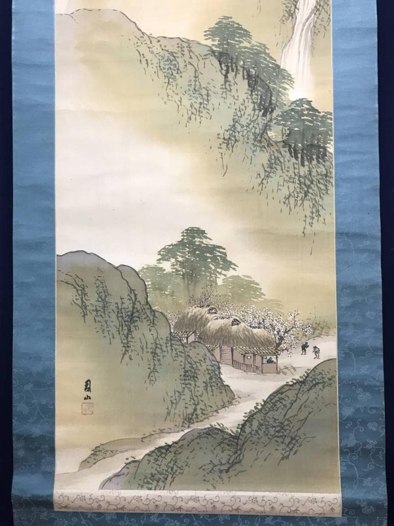【真作】宮田司山/春景山水図/山水図/人物図/掛軸/名家伝来/AC-318