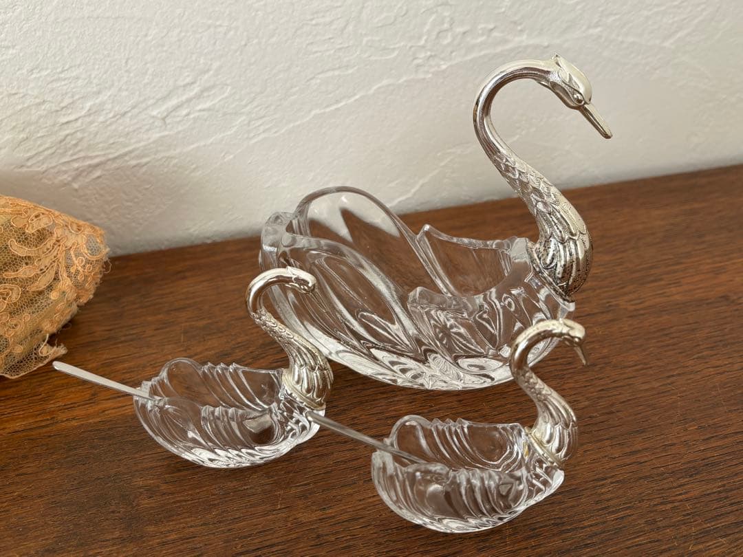 白鳥　スワン　3個セット　調味料入れ　クリスタルガラス　ビンテージ