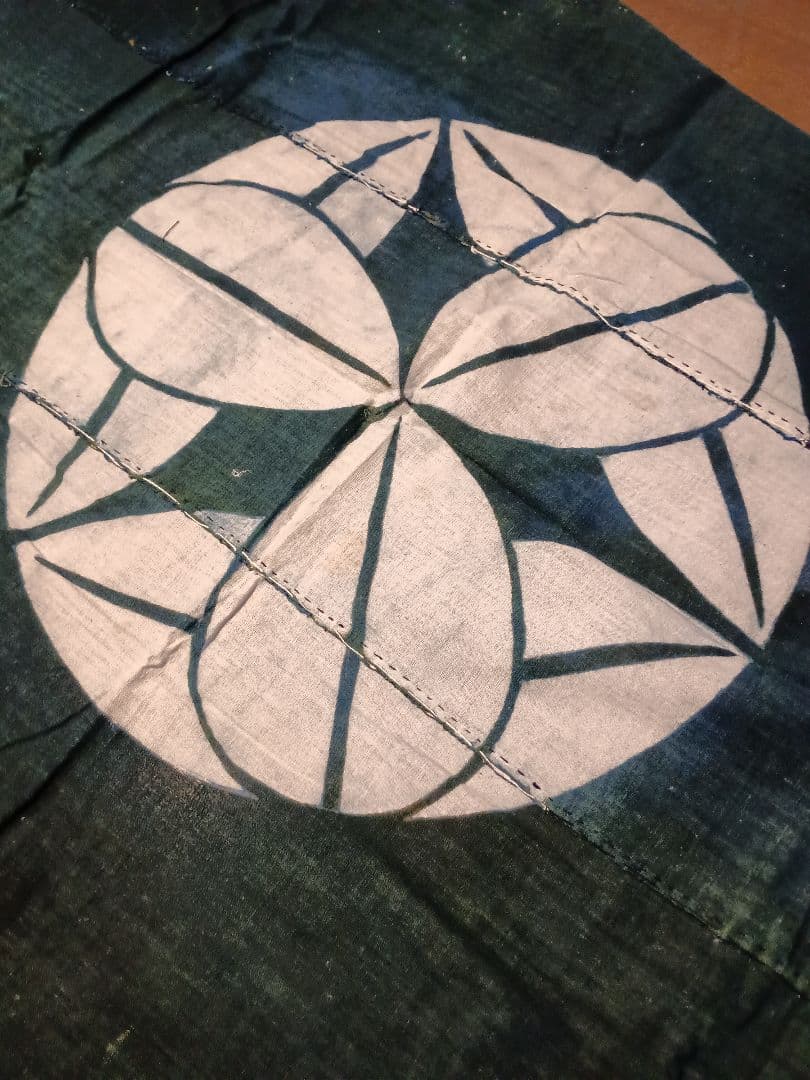 古布草木染 くまい笹紋 ３幅布団側 グリーン染