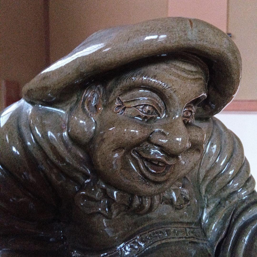 【古萩】青釉 大黒天 置物【三輪窯3代作】人間国宝 三輪休和(休雪)極め