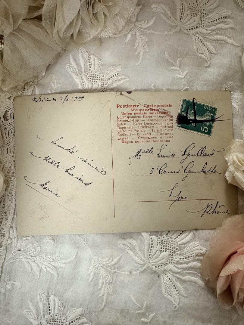 アンティーク ポストカード マンドリンと美しい少女