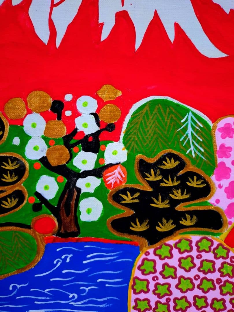 【F6号】片岡球子【花咲く富士】手描き作品/サイン有/油彩/アクリル/額縁/額装