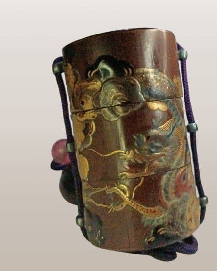 江戸時代 印籠 「雲龍図」 「鶴に松図」高肉彫 金工 鏡蓋 饅頭 根付 付属