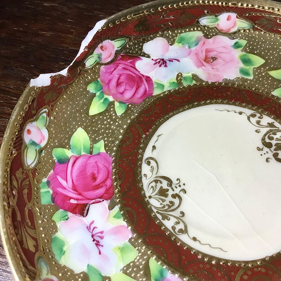 オールド名陶◆ティーカップ ソーサー◆傷あり 金継ぎ用 金彩 薔薇 バラ 戦前