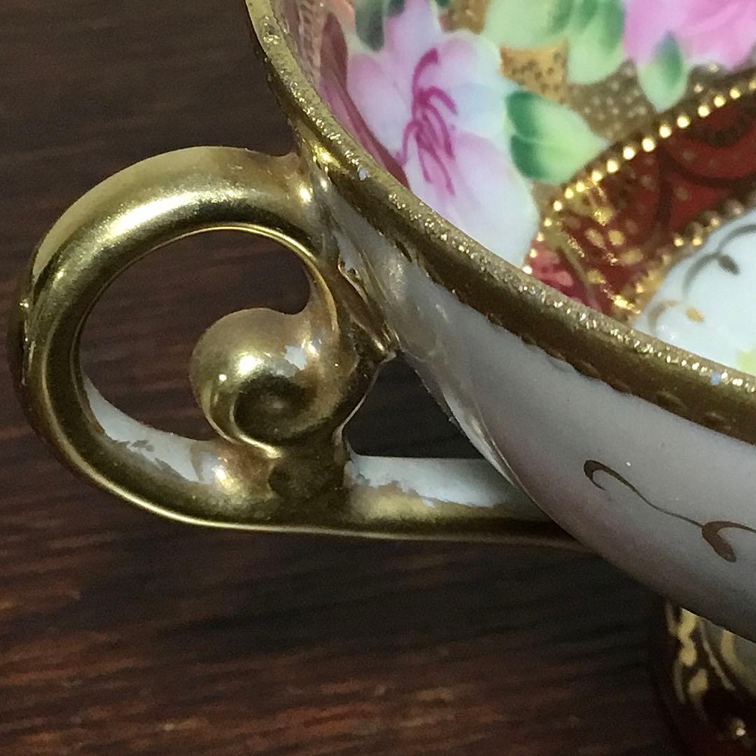 オールド名陶◆ティーカップ ソーサー◆傷あり 金継ぎ用 金彩 薔薇 バラ 戦前