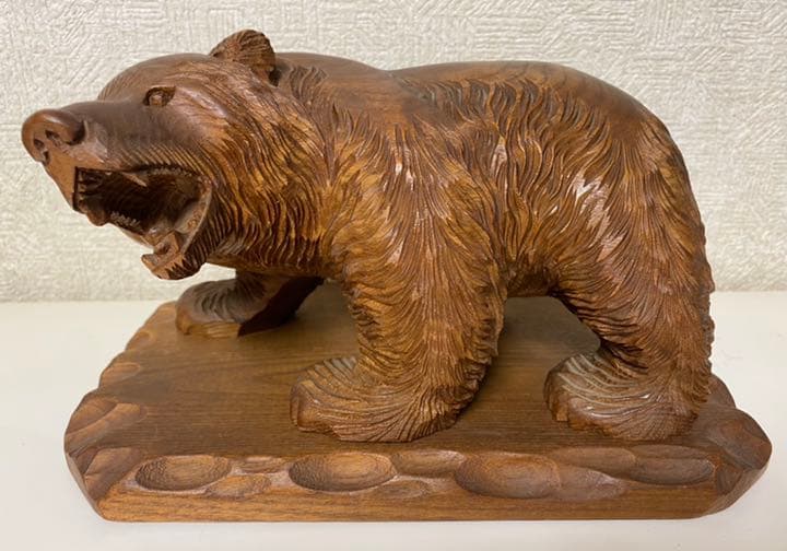 縁起物 天然木 熊木彫置物(台座付)くま クマ 北海道 昭和レトロ