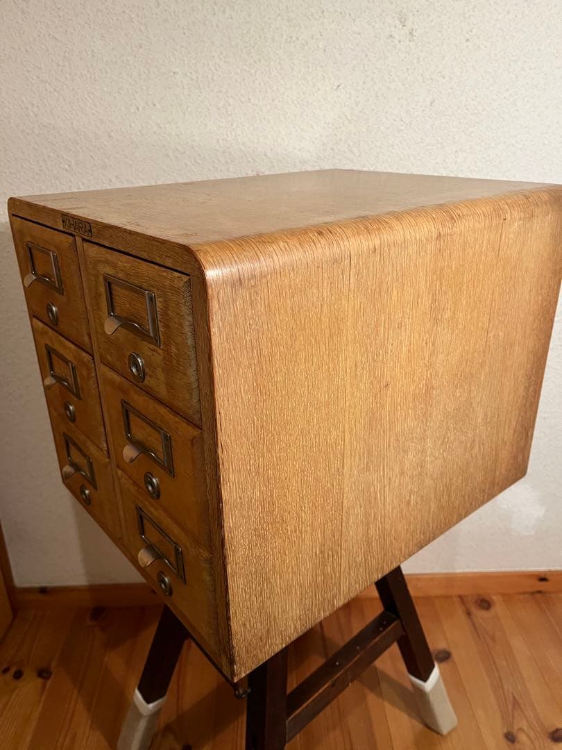 昭和レトロ アンティーク 図書館 木製カードケース 2列3段 木製引き出し