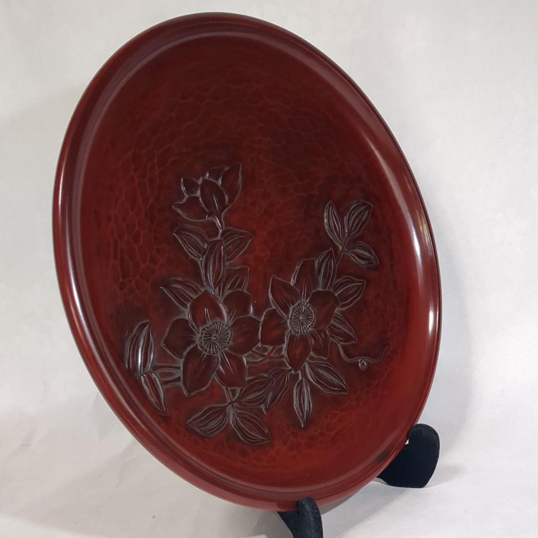 鎌倉彫 丸盆12寸(直径36.5cm) 鉄線柄 花柄 大サイズ木製盆 極美品