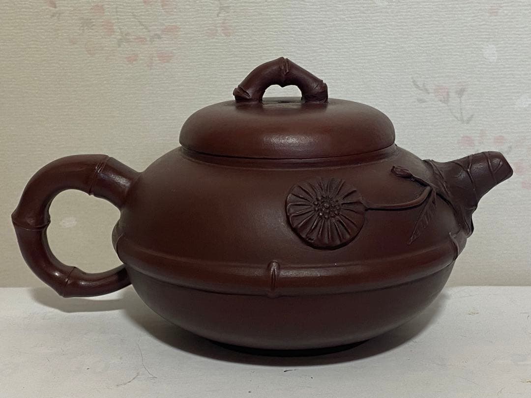 ♦中国？紫泥 梨地 紫砂 竹節 浮き彫り文様 茶壺？宜興窯 煎茶 茶道具 骨董品