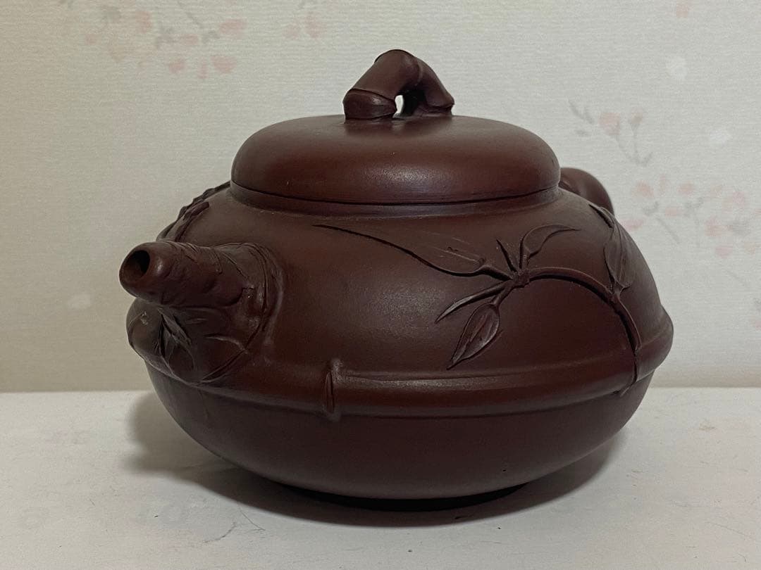 ♦中国？紫泥 梨地 紫砂 竹節 浮き彫り文様 茶壺？宜興窯 煎茶 茶道具 骨董品